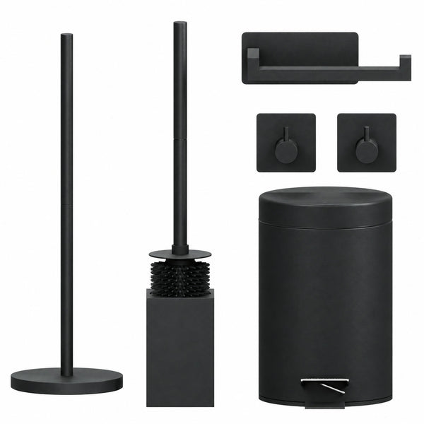 5-Delige Zwarte Vierkante Toiletset - Staande Toiletrolhouder voor 5 Rollen & Extra Dunne Zelfklevende Toiletrolhouder - Toiletborstelhouder, Prullenbak & Muurhaken