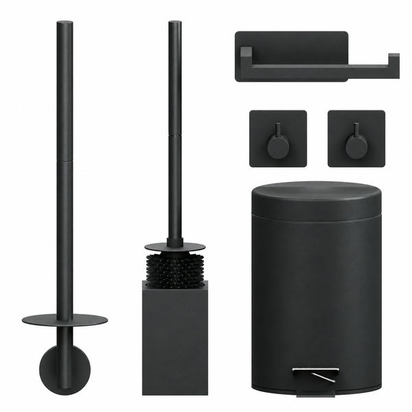 5-Delige Zwarte Vierkante Toiletset - Wandgemonteerde Toiletrolhouder voor 3 Rollen & Extra Dunne Zelfklevende Toiletrolhouder - Toiletborstelhouder, Prullenbak & Muurhaken