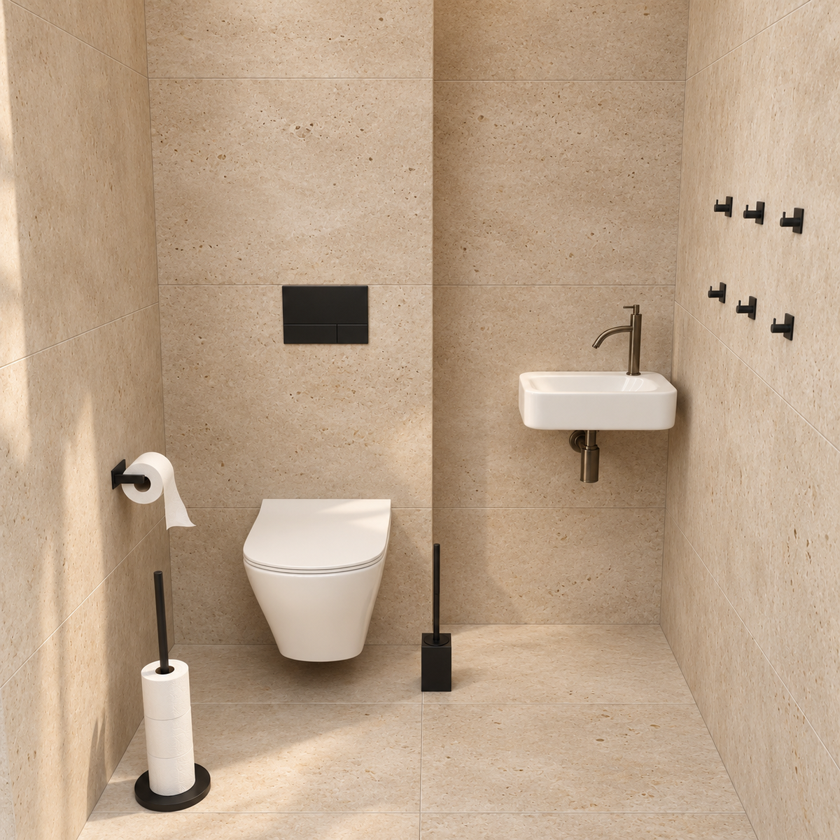 4-Delige Zwarte Toiletset - Staande Toiletrolhouder voor 5 Extra Rollen & Hangende Toiletrolhouder - Toiletborstelhouder & Handdoekhaakjes