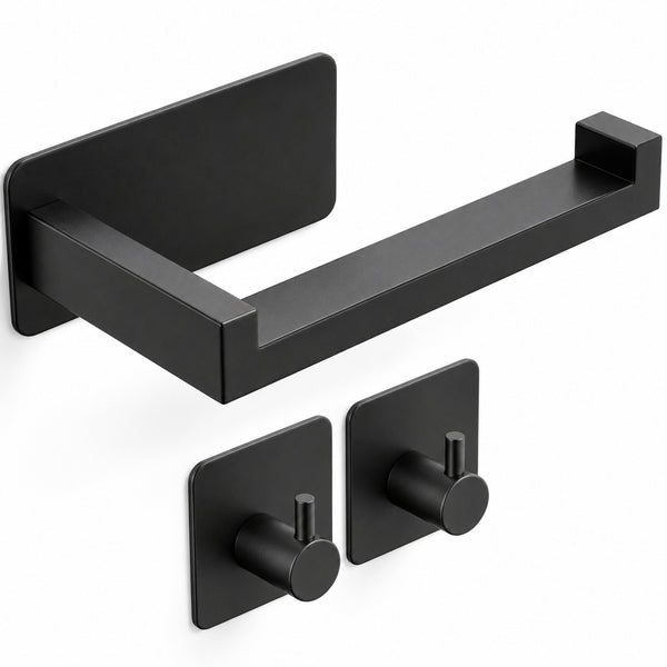 Toilet Roll Holder + 2 Wall Hooks Set - Black