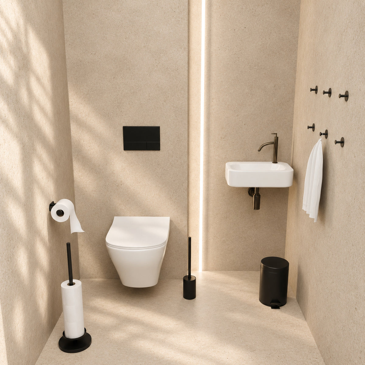 5-teiliges schwarzes WC-Set - Selbstklebender Ersatzrollenhalter & erhöhter freistehender Toilettenpapierhalter für 5 Rollen - WC-Bürstenhalter, Mülleimer & Wandhaken