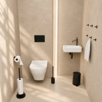 5-teiliges schwarzes WC-Set - Selbstklebender Ersatzrollenhalter & erhöhter freistehender Toilettenpapierhalter für 5 Rollen - WC-Bürstenhalter, Mülleimer & Wandhaken