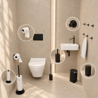 5-teiliges schwarzes WC-Set - Selbstklebender Ersatzrollenhalter & erhöhter freistehender Toilettenpapierhalter für 5 Rollen - WC-Bürstenhalter, Mülleimer & Wandhaken