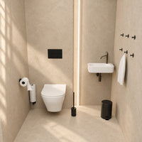 5-teiliges schwarzes WC-Set - Selbstklebender Ersatzrollenhalter & wandmontierter Ersatzrollenhalter für 3 Rollen - WC-Bürstenhalter, Mülleimer & Wandhaken