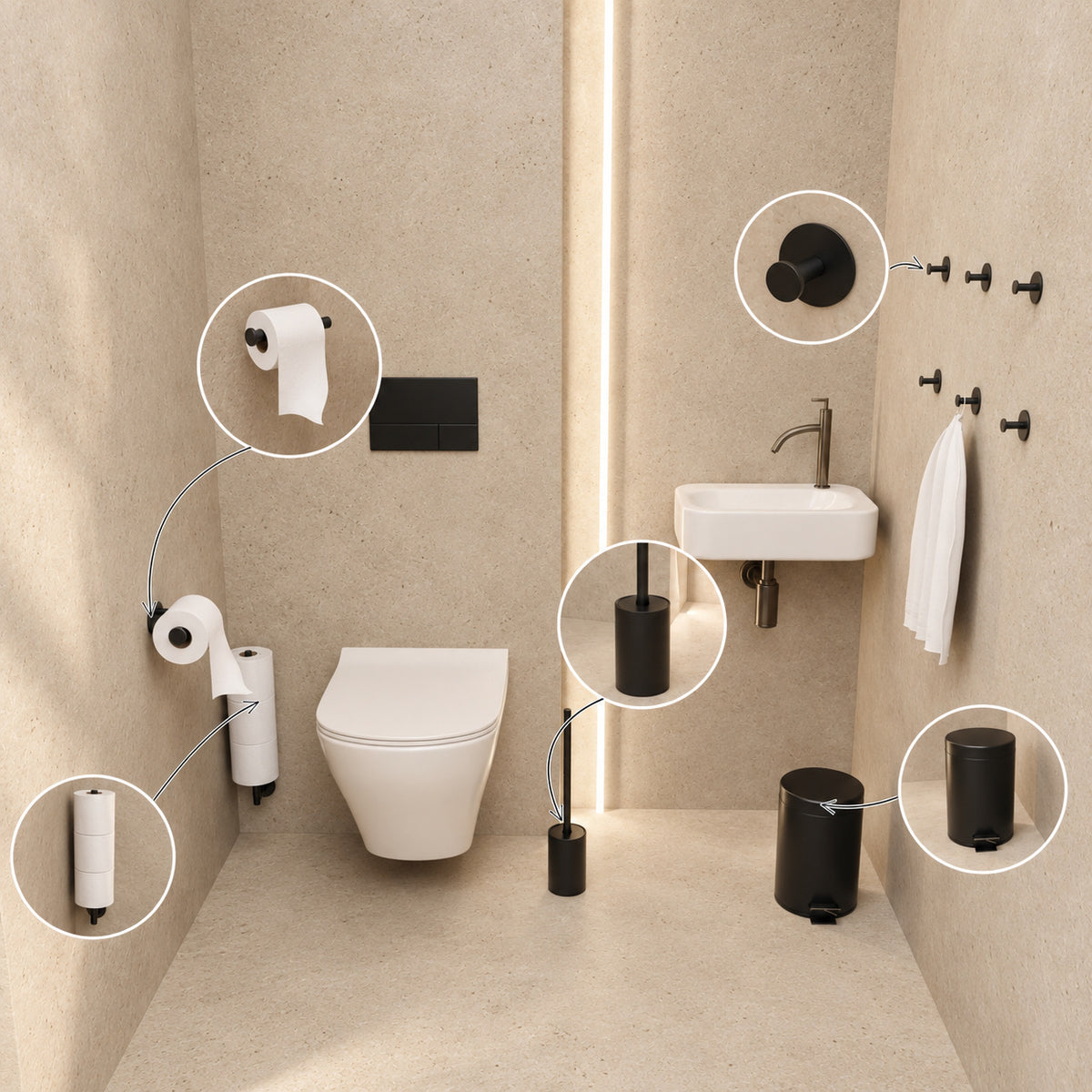5-teiliges schwarzes WC-Set - Selbstklebender Ersatzrollenhalter & wandmontierter Ersatzrollenhalter für 3 Rollen - WC-Bürstenhalter, Mülleimer & Wandhaken