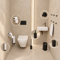 5-teiliges schwarzes WC-Set - Selbstklebender Ersatzrollenhalter & wandmontierter Ersatzrollenhalter für 3 Rollen - WC-Bürstenhalter, Mülleimer & Wandhaken