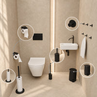 5-teiliges schwarzes WC-Set - Ersatzrollenhalter mit Abdeckung & freistehender Toilettenpapierhalter für 5 Rollen - WC-Bürstenhalter, Mülleimer & Wandhaken