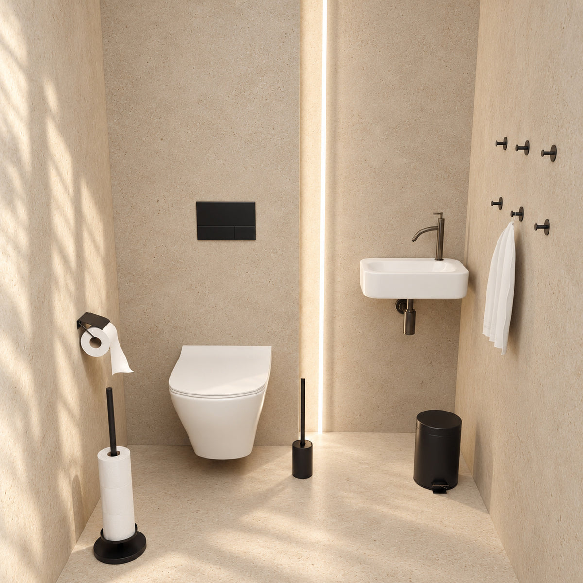 Toiletset Zwart 5-Delig - Reserverolhouder met Klepje & Verhoogde Vrijstaande Toiletrolhouder voor 5 Rollen - Toiletborstelhouder, Pedaalemmer en Handdoekhaakjes - Toiletaccessoireset