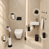 Toiletset Zwart 5-Delig - Reserverolhouder met Klepje & Verhoogde Vrijstaande Toiletrolhouder voor 5 Rollen - Toiletborstelhouder, Pedaalemmer en Handdoekhaakjes - Toiletaccessoireset