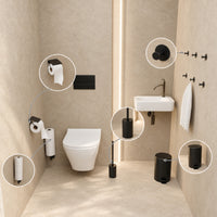 Toiletset Zwart 5-Delig - Reserverolhouder met Klepje & Hangende Reserverolhouder voor 3 Rollen - Toiletborstelhouder, Pedaalemmer en Handdoekhaakjes - Toiletaccessoireset