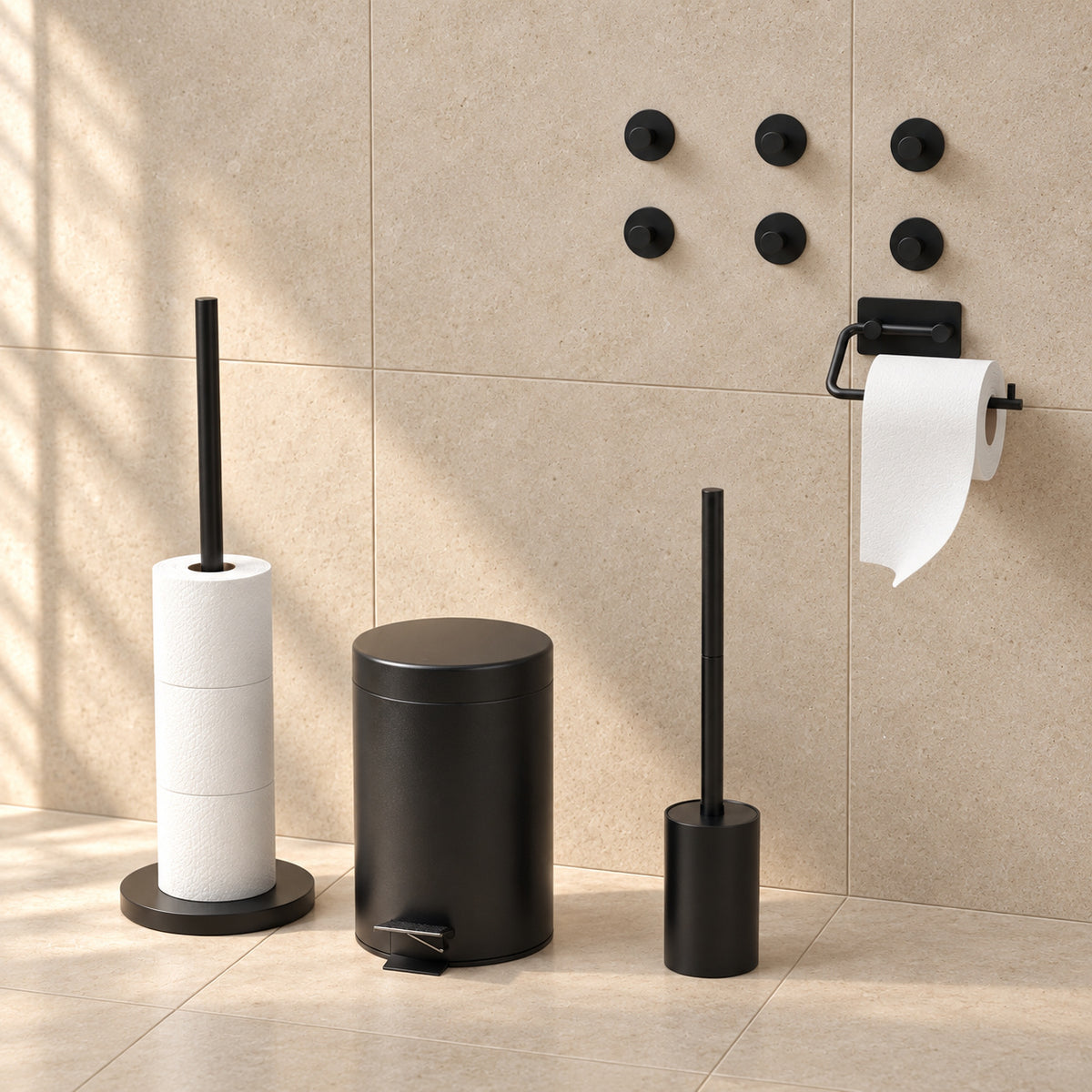 5-teiliges schwarzes WC-Set - Toilettenpapierhalter mit verstellbarem Arm & freistehender Toilettenpapierhalter für 5 Rollen - WC-Bürstenhalter, Mülleimer & Wandhaken