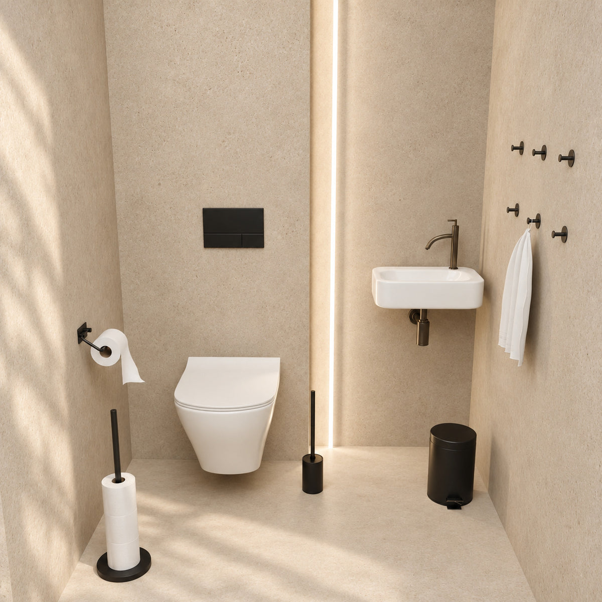 5-teiliges schwarzes WC-Set - Toilettenpapierhalter mit verstellbarem Arm & freistehender Toilettenpapierhalter für 5 Rollen - WC-Bürstenhalter, Mülleimer & Wandhaken