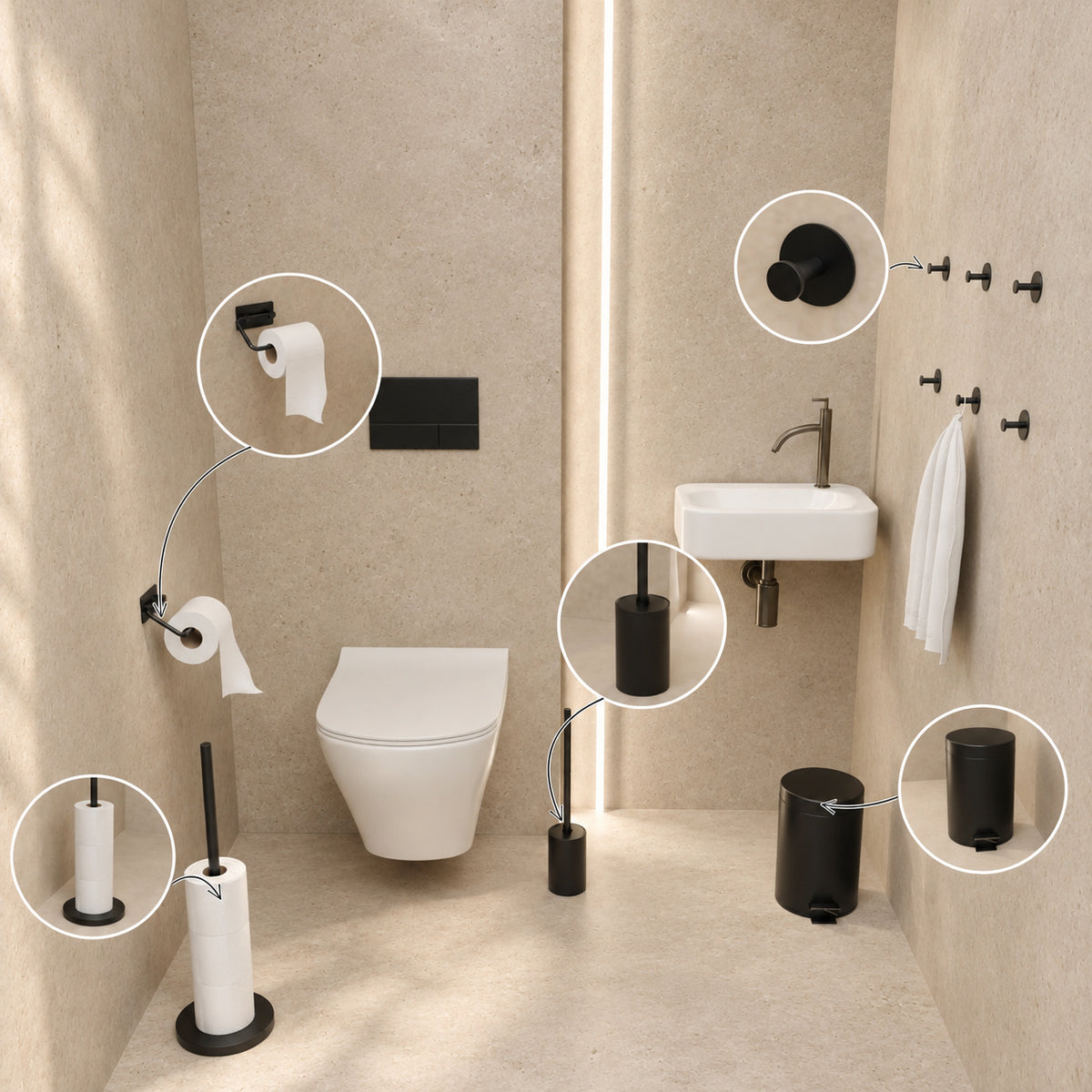 5-teiliges schwarzes WC-Set - Toilettenpapierhalter mit verstellbarem Arm & freistehender Toilettenpapierhalter für 5 Rollen - WC-Bürstenhalter, Mülleimer & Wandhaken