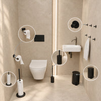 5-teiliges schwarzes WC-Set - Toilettenpapierhalter mit verstellbarem Arm & freistehender Toilettenpapierhalter für 5 Rollen - WC-Bürstenhalter, Mülleimer & Wandhaken