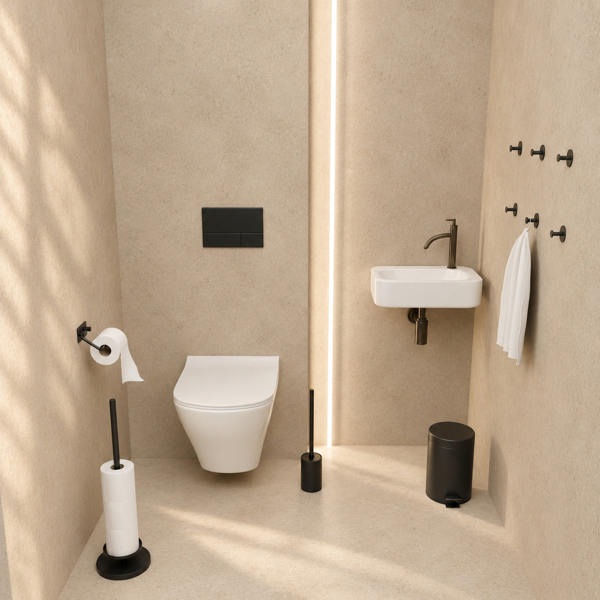 5-teiliges schwarzes WC-Set - Toilettenpapierhalter mit verstellbarem Arm & erhöhter freistehender Toilettenpapierhalter für 5 Rollen - WC-Bürstenhalter, Mülleimer & Wandhaken