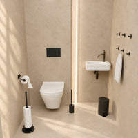 5-teiliges schwarzes WC-Set - Toilettenpapierhalter mit verstellbarem Arm & erhöhter freistehender Toilettenpapierhalter für 5 Rollen - WC-Bürstenhalter, Mülleimer & Wandhaken