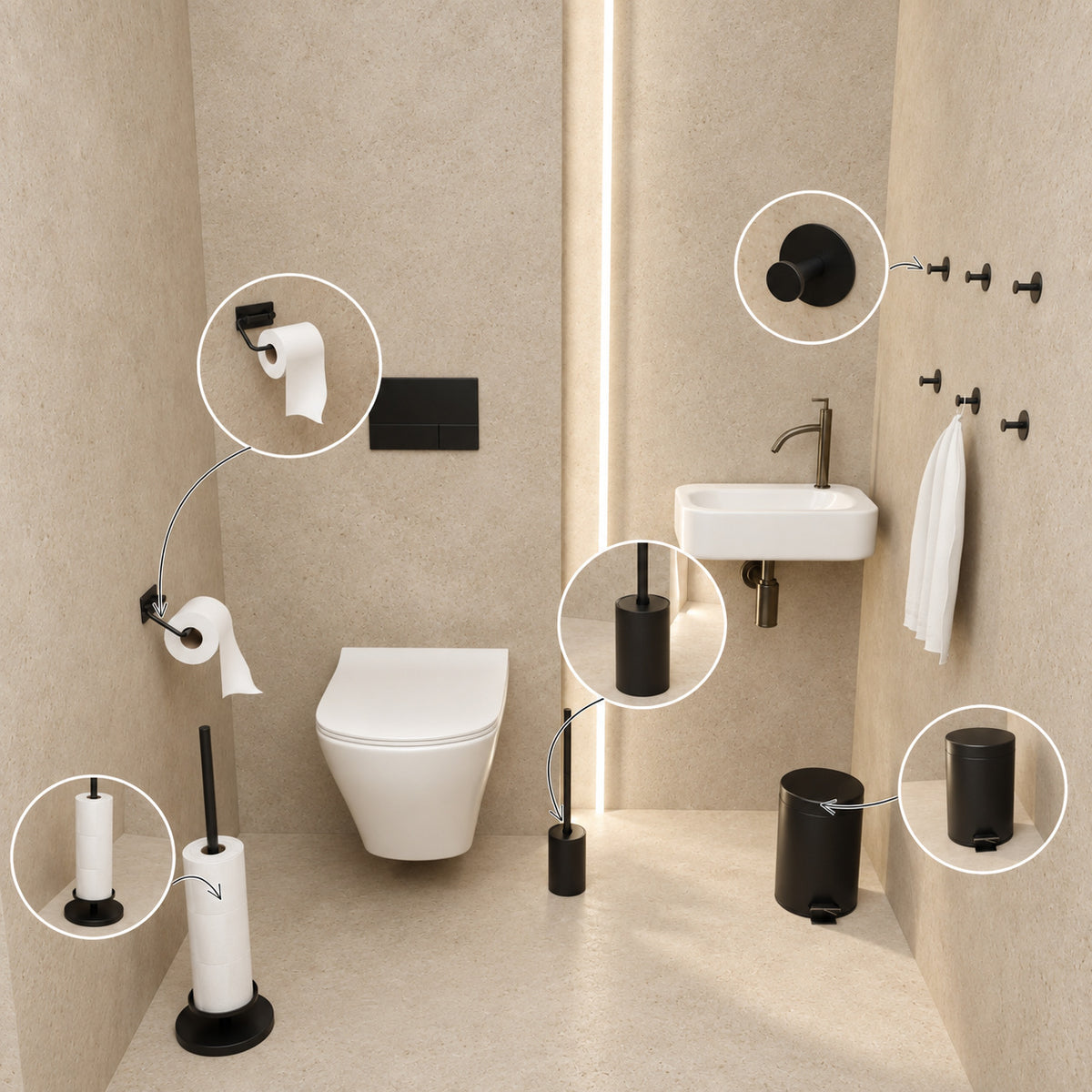 5-teiliges schwarzes WC-Set - Toilettenpapierhalter mit verstellbarem Arm & erhöhter freistehender Toilettenpapierhalter für 5 Rollen - WC-Bürstenhalter, Mülleimer & Wandhaken