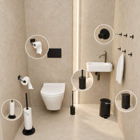 5-teiliges schwarzes WC-Set - Toilettenpapierhalter mit verstellbarem Arm & erhöhter freistehender Toilettenpapierhalter für 5 Rollen - WC-Bürstenhalter, Mülleimer & Wandhaken