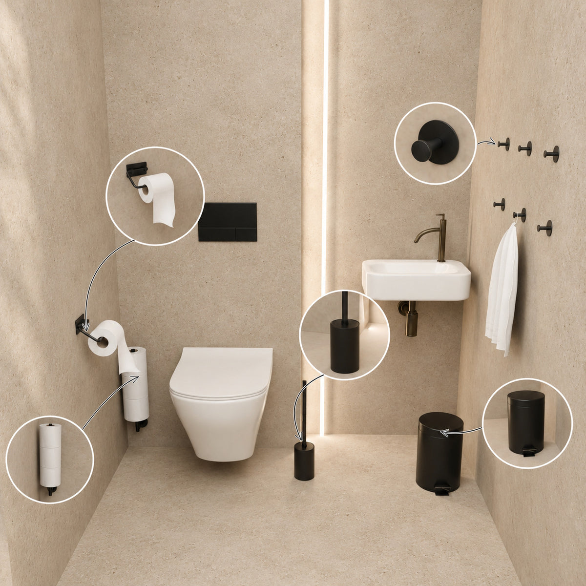 Toiletset Zwart 5-Delig - Toiletrolhouder met Verstelbare Arm & Hangende Reserverolhouder voor 3 Rollen - Toiletborstelhouder, Pedaalemmer en Handdoekhaakjes - Toiletaccessoireset