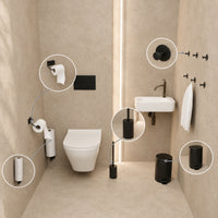 Toiletset Zwart 5-Delig - Toiletrolhouder met Verstelbare Arm & Hangende Reserverolhouder voor 3 Rollen - Toiletborstelhouder, Pedaalemmer en Handdoekhaakjes - Toiletaccessoireset