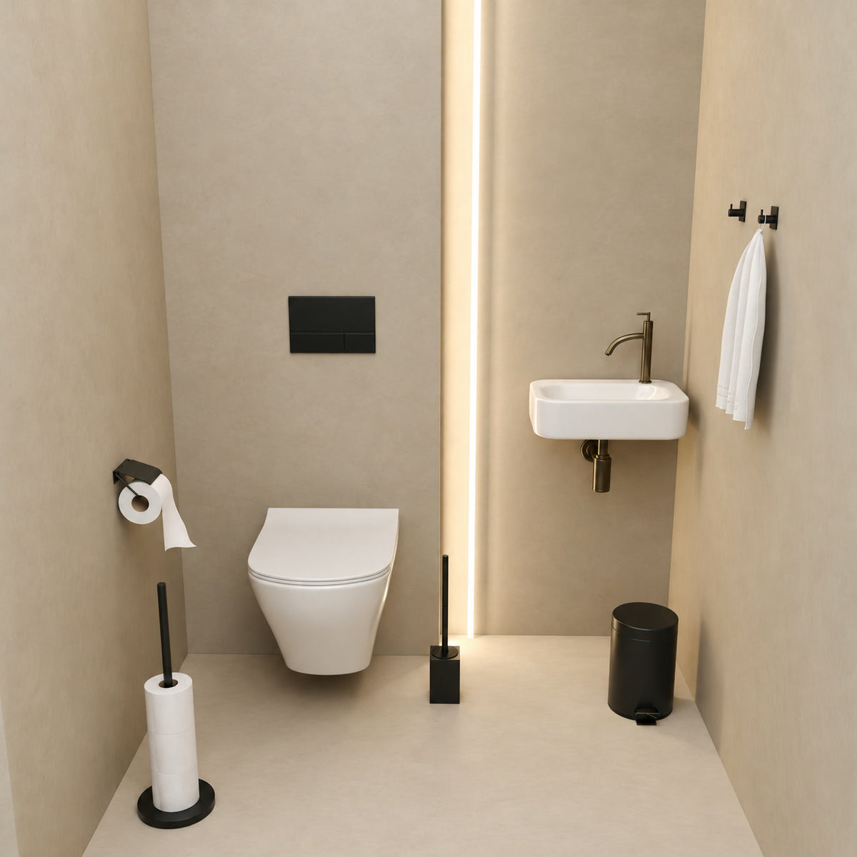 5-Delige Zwarte Vierkante Toiletset - Staande Toiletrolhouder voor 5 Rollen & Hangende Toiletrolhouder met Beschermkap - Toiletborstelhouder, Prullenbak & Muurhaken