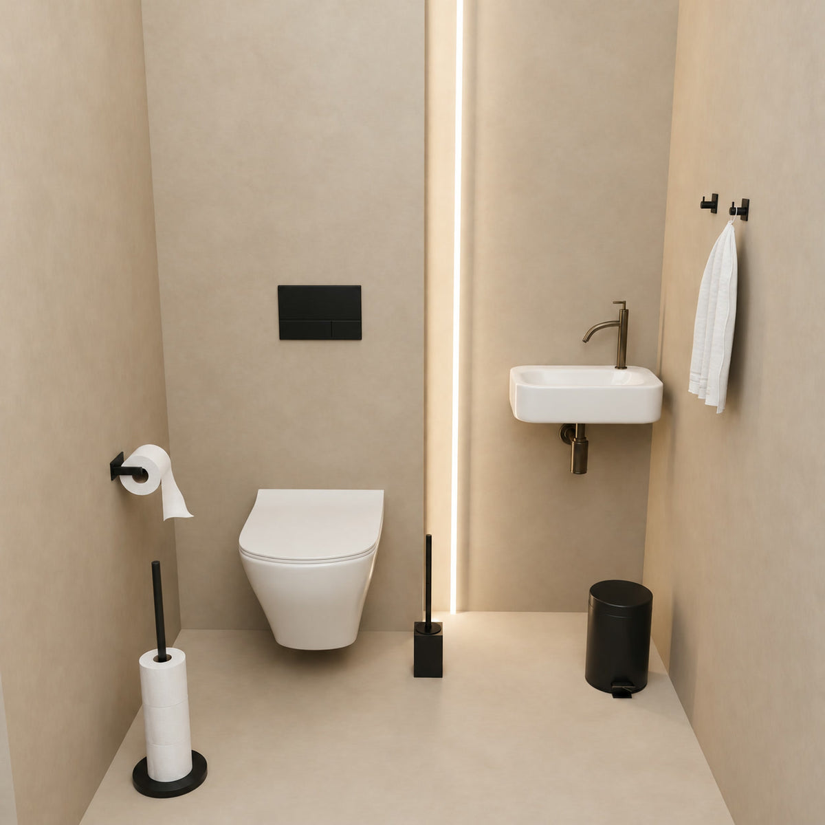 5-teiliges Schwarzes Eckiges Toilettenset - Stehender Toilettenpapierhalter für 5 Rollen & Extra Dünner Selbstklebender Toilettenpapierhalter - WC-Bürstenhalter, Mülleimer & Wandhaken