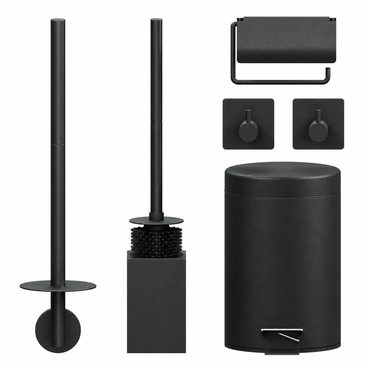 5-Delige Zwarte Vierkante Toiletset - Wandgemonteerde Toiletrolhouder voor 3 Rollen & Hangende Toiletrolhouder met Beschermkap - Toiletborstelhouder, Prullenbak & Muurhaken