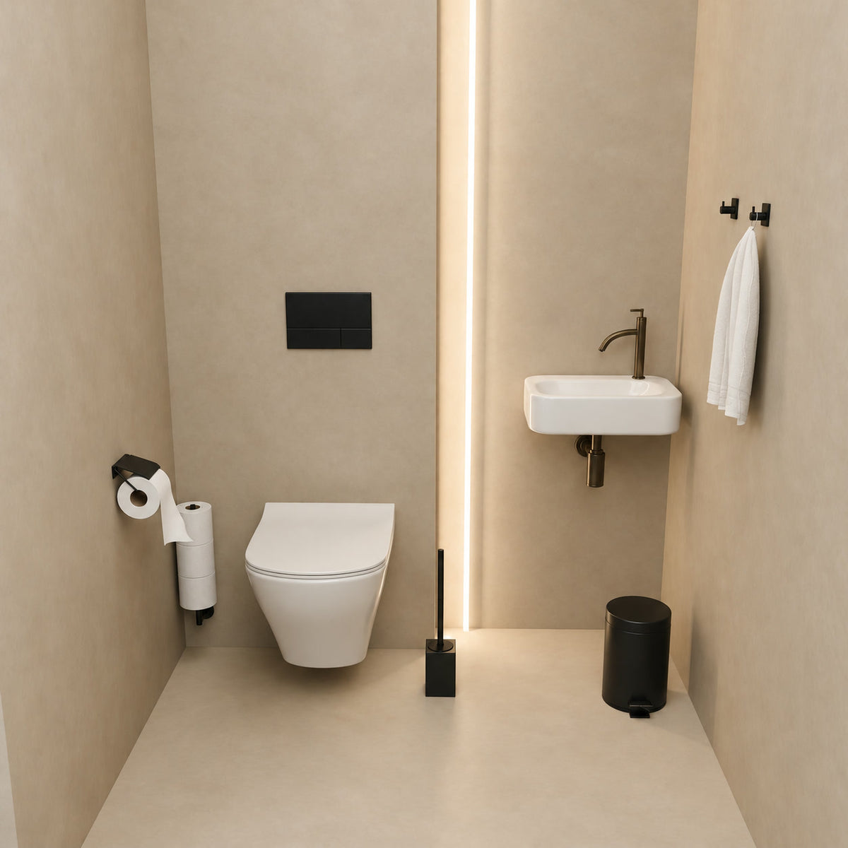 5-Delige Zwarte Vierkante Toiletset - Wandgemonteerde Toiletrolhouder voor 3 Rollen & Hangende Toiletrolhouder met Beschermkap - Toiletborstelhouder, Prullenbak & Muurhaken