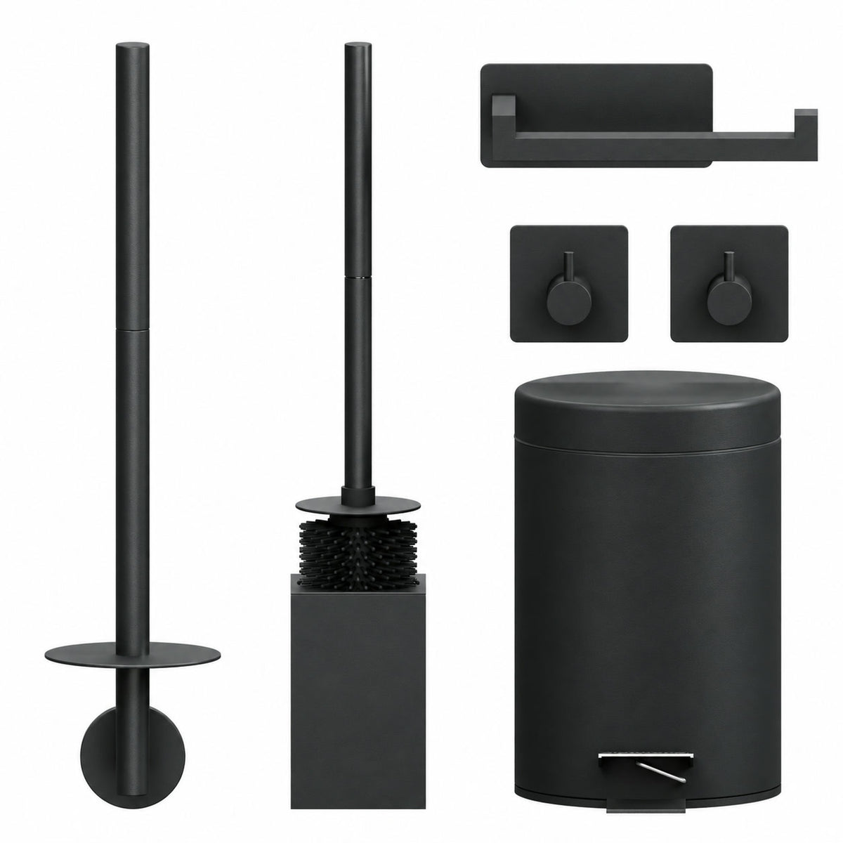 5-Delige Zwarte Vierkante Toiletset - Wandgemonteerde Toiletrolhouder voor 3 Rollen & Extra Dunne Zelfklevende Toiletrolhouder - Toiletborstelhouder, Prullenbak & Muurhaken