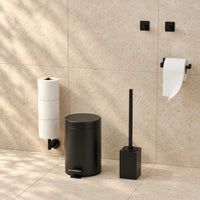 5-Delige Zwarte Vierkante Toiletset - Wandgemonteerde Toiletrolhouder voor 3 Rollen & Extra Dunne Zelfklevende Toiletrolhouder - Toiletborstelhouder, Prullenbak & Muurhaken