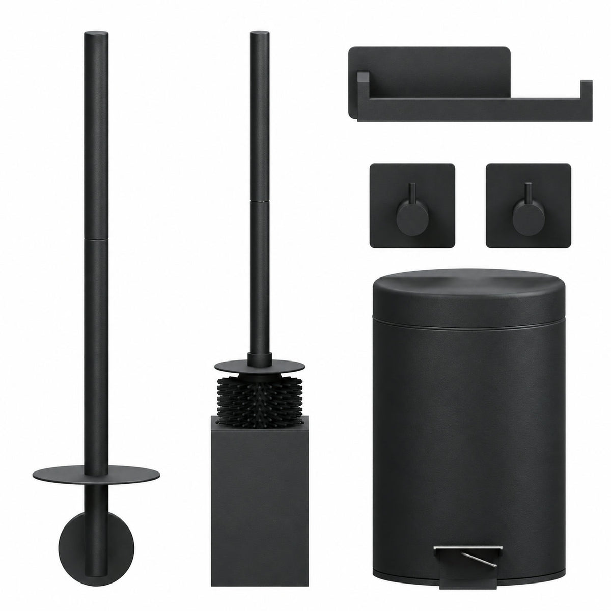 5-teiliges Schwarzes Eckiges Toilettenset - Wandmontierter Toilettenpapierhalter für 3 Rollen & Selbstklebender Toilettenpapierhalter - WC-Bürstenhalter, Mülleimer & Wandhaken