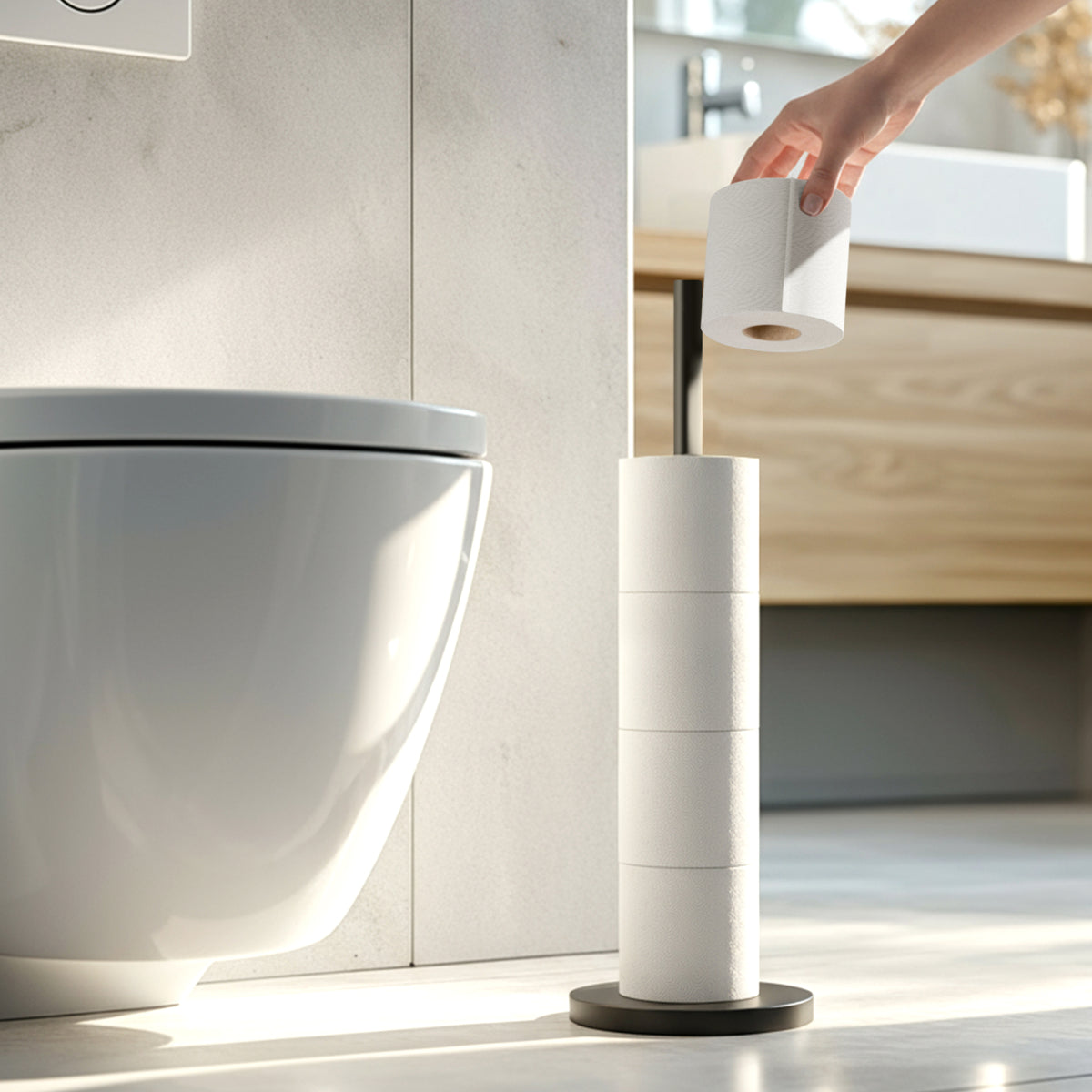 Staande reserverolhouder voor 5 toiletrollen, met verzwaarde antislip voet