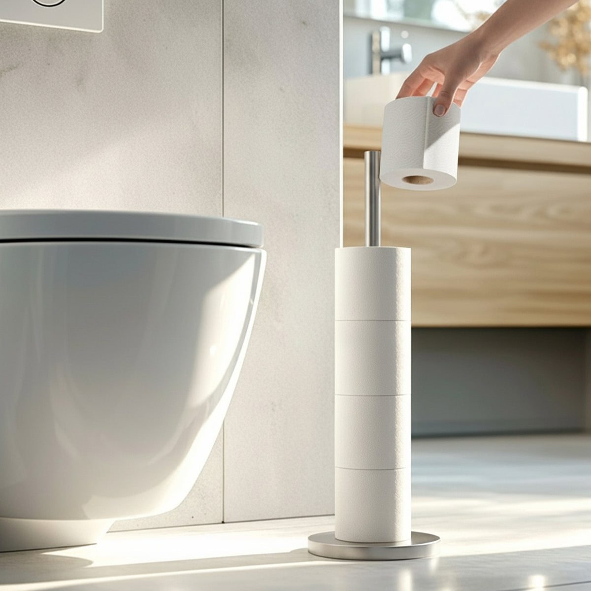 Staande reserverolhouder voor 5 toiletrollen, met verzwaarde antislip voet