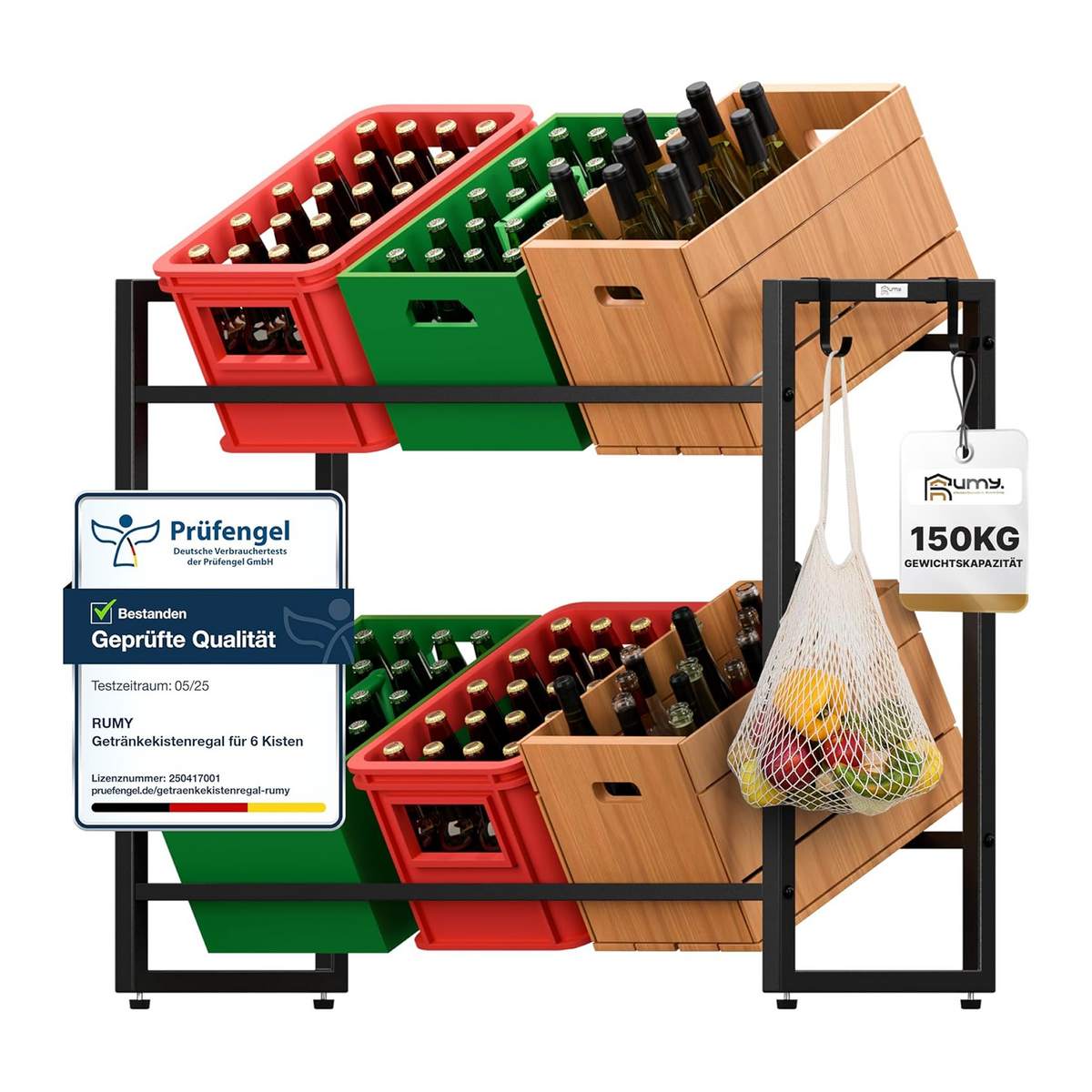 Krattenrek voor 6 kratten, draagvermogen 150 kg, inclusief 2 ophanghaken