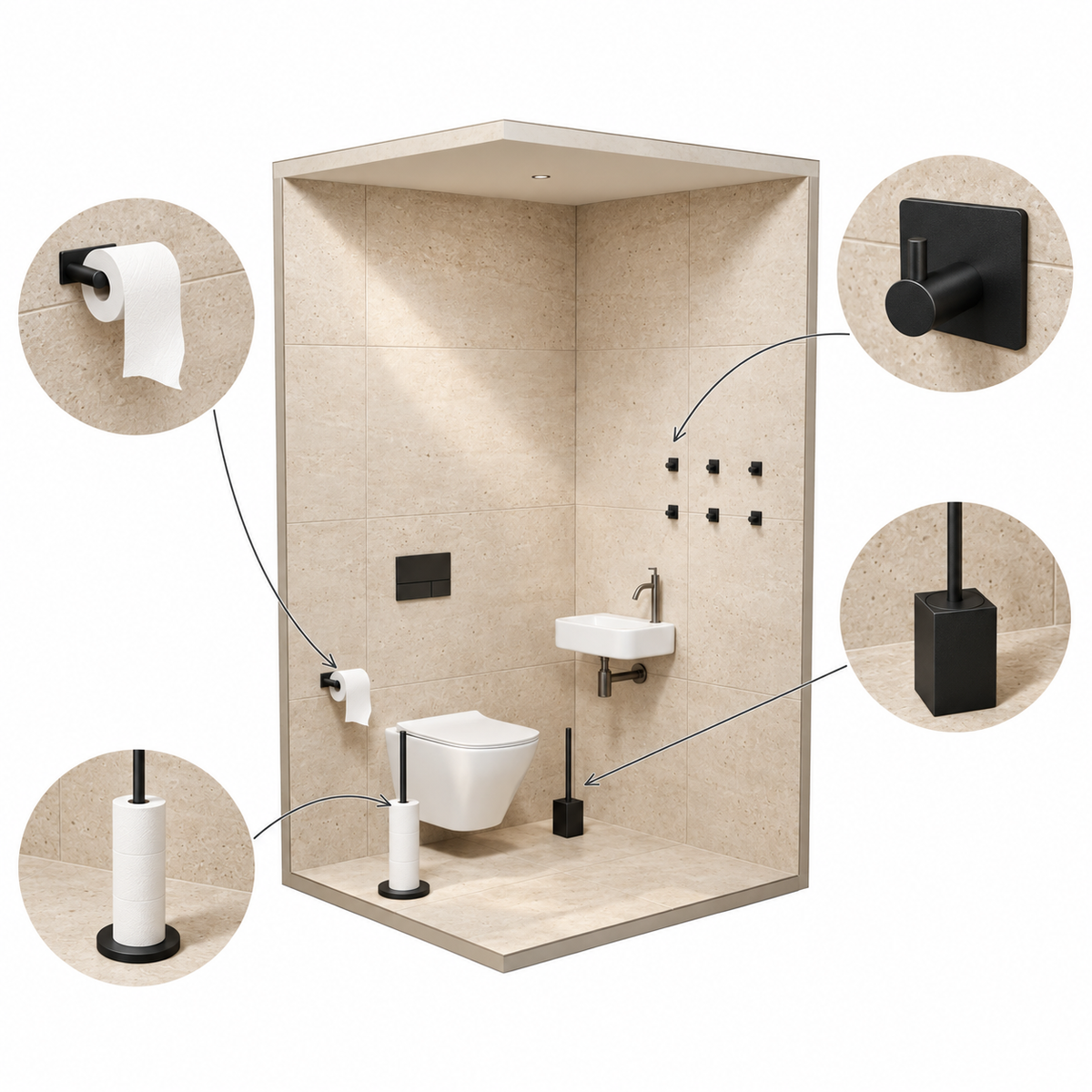 4-Delige Zwarte Toiletset - Staande Toiletrolhouder voor 5 Extra Rollen & Hangende Toiletrolhouder - Toiletborstelhouder & Handdoekhaakjes