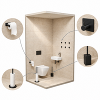 4-Delige Zwarte Toiletset - Staande Toiletrolhouder voor 5 Extra Rollen & Hangende Toiletrolhouder - Toiletborstelhouder & Handdoekhaakjes